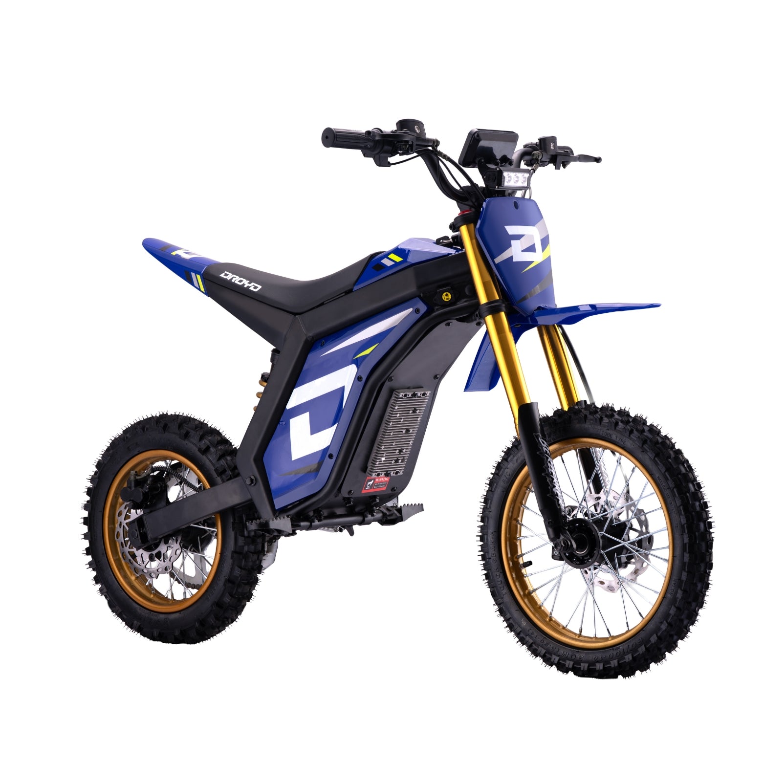 Blue and black electric bike with gold accents on a white background