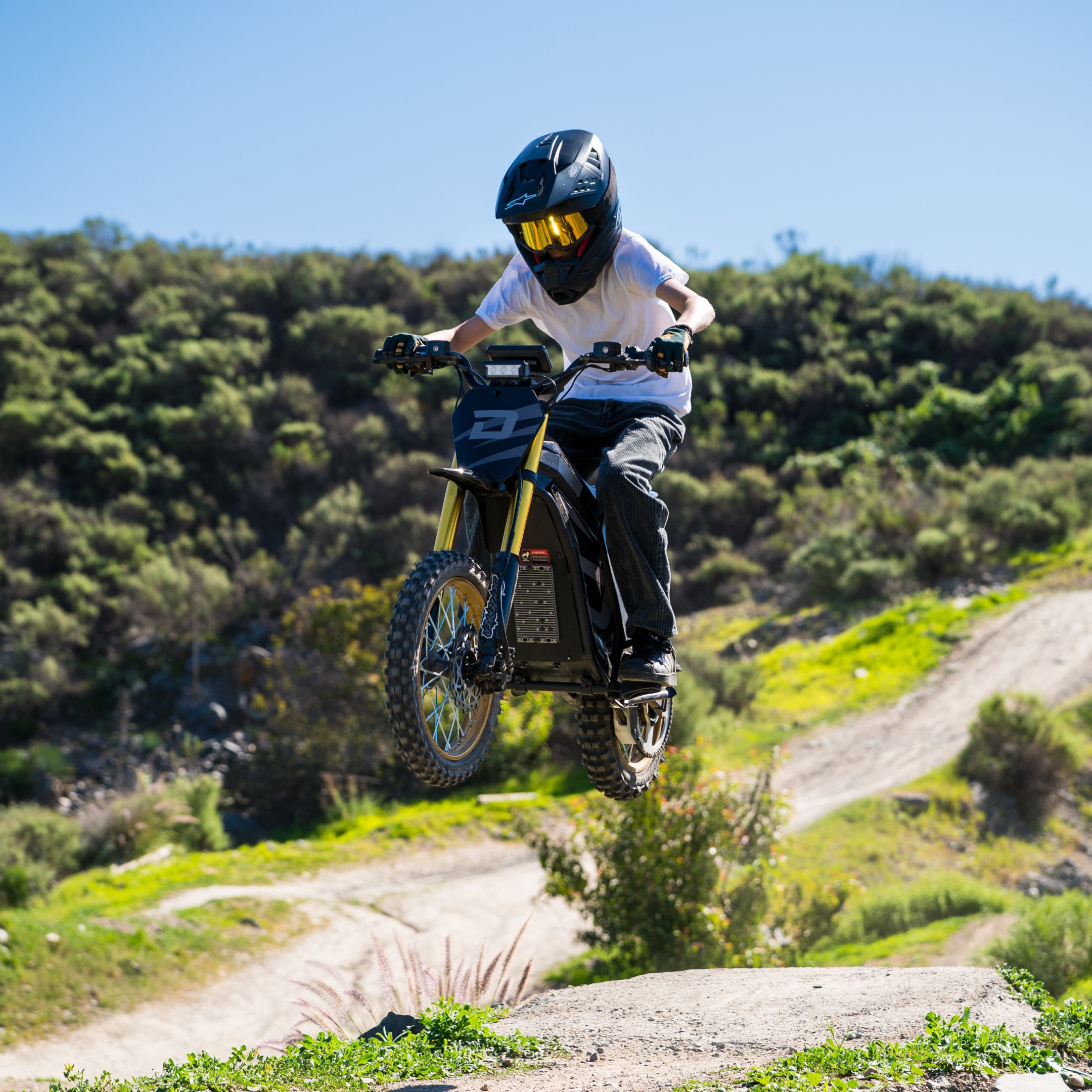 Person riding a dirt bike in the air with a scenic background